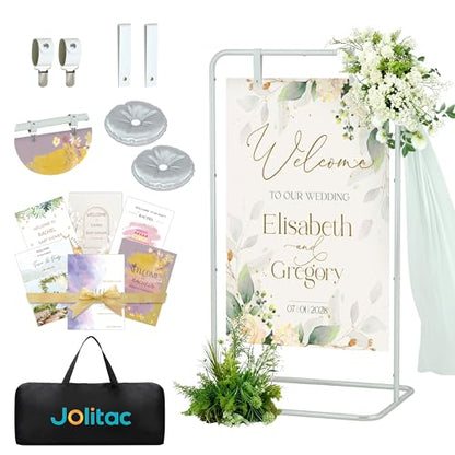 Jolitac Wedding Welcome Sign Holder, Adjustable Wedding Sign Stand Leather Hanging Straps & Design Bundle Heavy Duty Metal Easel Stand for Seating Charts, Bridal Showers, Birthday Party Displays - color: White
