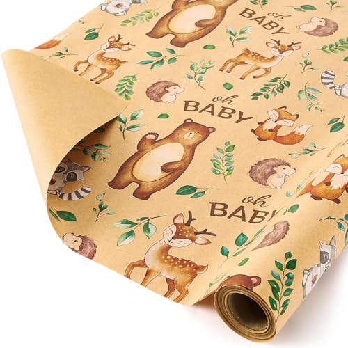 WERNNSAI Baby Shower Kraft Wrapping Paper, 33 ft Brown Woodland Animals - color: Baby-Kraft Paper