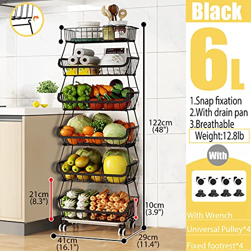 MURRI&MURRDI Fruit Vegetable Storage Baskets with Wheels, 6 Tier Stackable Wire Storage Baskets, Tall Standing Produce Kitchen Rack, Narrow Rolling Cart for Pantry Snack Onion Potato, Black - color: A Black