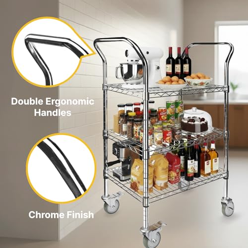 Northsky 3-Shelf Wire Utility Cart on Wheels, Chrome Finish Rolling Metal Shelving with Wheels, 550lb Capacity, 24" x 18" x 44.1", 3 Tier Rolling Cart for Kitchen Bar Storage Use - size: 24