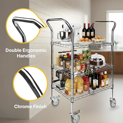 Northsky 3-Shelf Wire Utility Cart on Wheels, Chrome Finish Rolling Metal Shelving with Wheels, 550lb Capacity, 24" x 18" x 44.1", 3 Tier Rolling Cart for Kitchen Bar Storage Use - size: 24