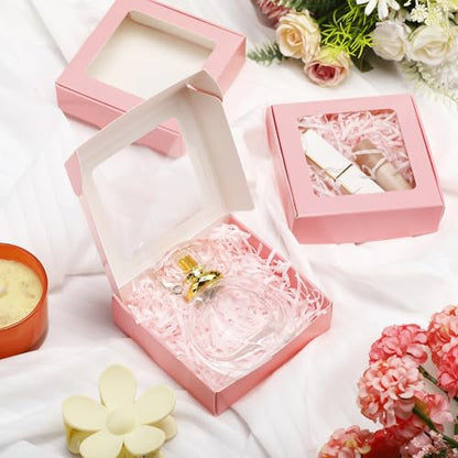Zonon 60 Pcs Kraft Paper Boxes with Window 4.13 x 4.13 x 1.2 Inch (Pink) - color: Pink
