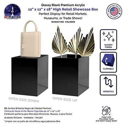 Acrylic Display Riser Box Pedestal 12" x 12" x 18" No Lid Pillar Flower Tower Hollow Throne POP Pedestal 3/16 Thick Plexiglass 5 Sided Merchandise Show Case by Marketing Holders - size: 12"w x 12"d x 18"h black