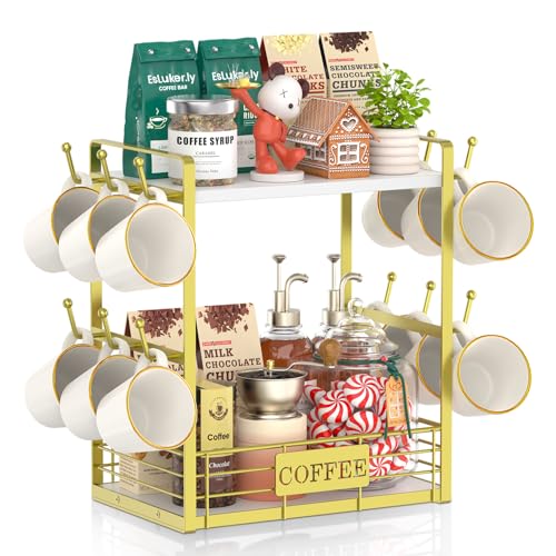 EsLuker.ly Coffee Mug Cup Holder Tree Bar Station Organizer, 2 Tier Gold - color: White + Gold