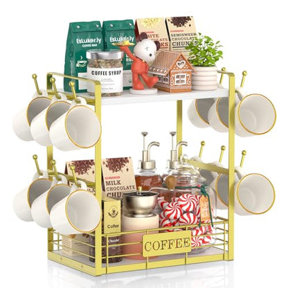 EsLuker.ly Coffee Mug Cup Holder Tree Bar Station Organizer, 2 Tier Gold - color: White + Gold