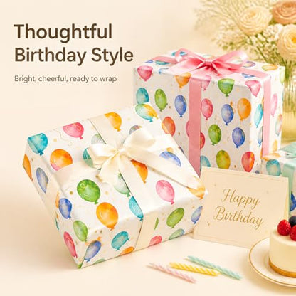 Ulmasinn Birthday Wrapping Paper Roll with Gold Foil Balloons, 17" x 16.4', Thick Gift Wrap for Birthday Gifts, Watercolor Balloon Design, No Creases, for Kids, Adults, Baby Shower and Celebrations - color: Birthday Gold Foil Balloon