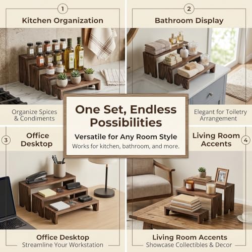 FUSHITON 8Pcs Wooden Display Risers Set, Solid Wood Tiered Stand for Perfumes, Jewellery, Collectibles, Cosmetics, Cupcakes and Party Food Display