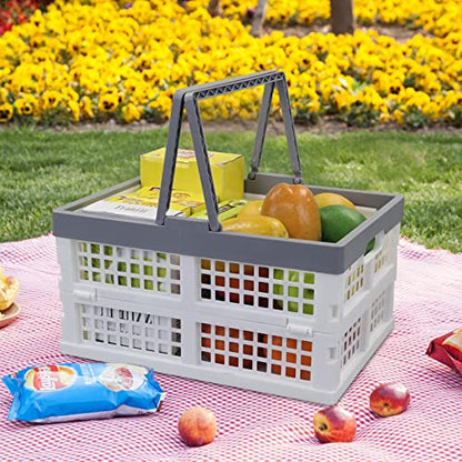16 L Collapsible Plastic Storage Crates with Handles, Foldable Shopping Baskets, 2 Packs