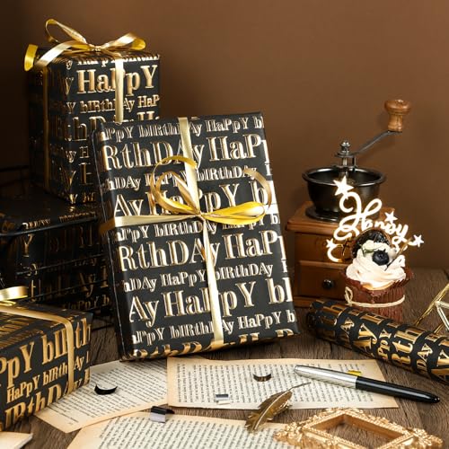 WRAPAHOLIC 30 Inch 3D Kraft Birthday Wrapping Paper Roll - 30 Inch x 16.5 Feet - Gold and Black Happy Birthday Wrapping Paper with Embossed Perfect for Holiday, Party Celebration - color: Black & Gold Happy Birthday, size: 30 inch x 16.5 feet