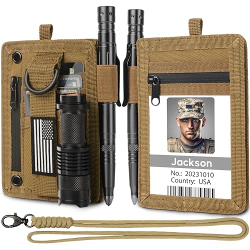 LIUGX Tactical ID Card Holder, Badge Holder with Lanyard, 900D Nylon - color: Khaki