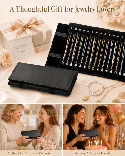 Travel Necklace Organizer, Tangle Free Jewelry Case, 16 Slots - color: black PU and velvet