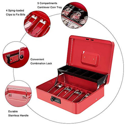 Cash Box with Money Tray and Combination Lock, Metal Money Box for Cash Register, Tiered Lock Box for Money 11.8" x 9.4" x 3.54" Red - color: Red with Combination Lock