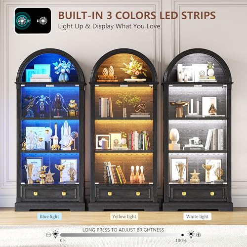 Black Curio Cabinet with Glass Doors, 72" Tall Arched Display Cabinet with Human Sensor Lights, 4-Tier Display Case for Collectibles Bookcase Living Room - color: Black