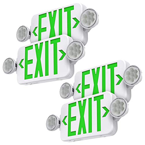 Green Led Exit Sign Emergency Light Combo Adjustable Two Head, Double Sided and Battery Backup Exit Light, Contractor Select, AC 120/277V (4 Pack) - size: 4