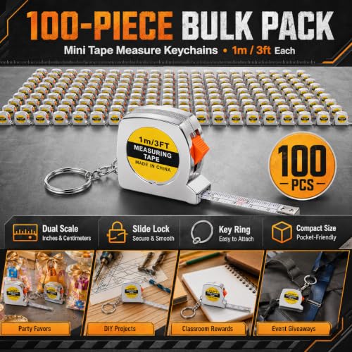 100 Pack Mini Tape Measure Keychains, 1m/3ft Retractable Measuring Tape