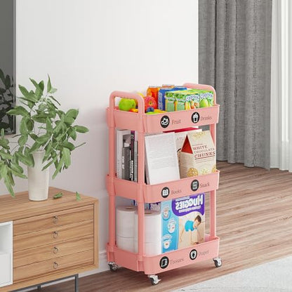 3 Tier Rolling Cart with Wheels, Utility Storage Carts,Pink - color: Pink, size: 3-Tier