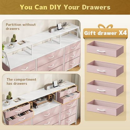Homkdom Pink Dresser for Bedroom with 9 Fabric Drawers & Display Top Shelf - color: Pink