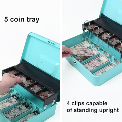 Jssmst Metal Cash Box with Money Tray and Lock, Portable Cash Drawer, 11.8" - color: Light Blue Key