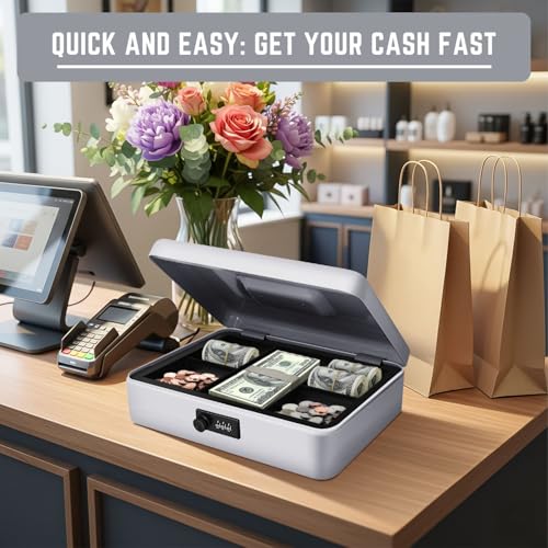 Flexzion Metal Cash Box with Combination Lock - 5-Compartment Petty Cash Box with Money Tray and Lock for Small Business - Removable Money Tray for Bills, Checks & Coins, 11.8"x 9.4"x 3.5", Gray - color: Gray