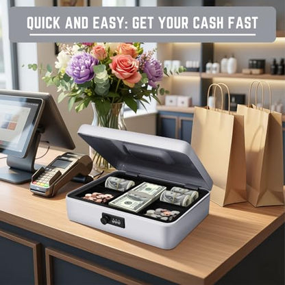 Flexzion Metal Cash Box with Combination Lock - 5-Compartment Petty Cash Box with Money Tray and Lock for Small Business - Removable Money Tray for Bills, Checks & Coins, 11.8"x 9.4"x 3.5", Gray - color: Gray
