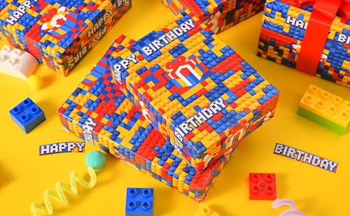 Sikiweiter Building Block Birthday Wrapping Paper Roll, 17 Inches x 16.5 Feet, Colorful Brick Pattern Gift Wrap with Happy Birthday Text and Present Box Design for Kids Birthday Party, Boys Girls Gifts, Party Supplies(Building Bricks Birthday) - color: Bu