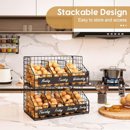 Egg Holder Countertop,Metal Egg Rack with Adjustable Dividers & DIY Labels - color: Black, size: 2-Tier X-Large
