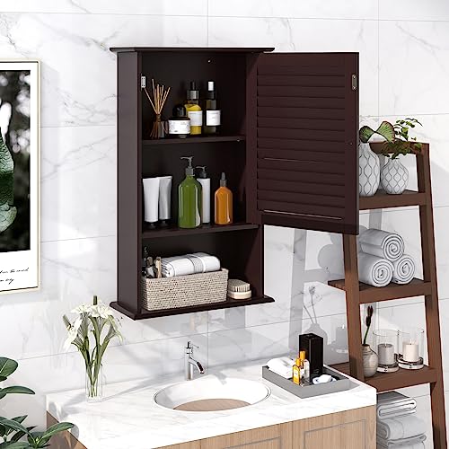 COSTWAY Bathroom Wall Cabinet, Large Capacity Storage Cabinet (Brown) - color: Brown