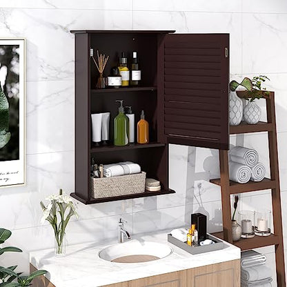 COSTWAY Bathroom Wall Cabinet, Large Capacity Storage Cabinet (Brown) - color: Brown