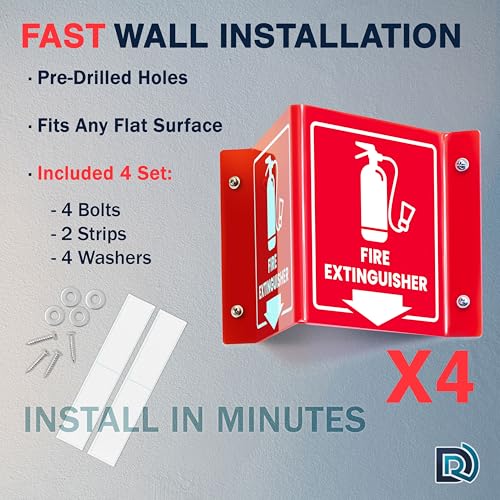Fire Extinguisher Sign with Arrow, 3D Acrylic V Sign, Wall Mount, 4 Pack - color: Red Acrylic - Pack of 4