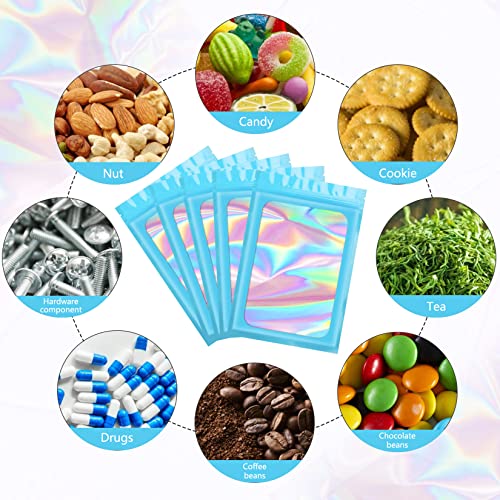 Funfery 100pcs Blue Mylar Holographic Bags-Resealable Zipper&Clear Window - color: Blue, size: 3.5 x 6.3 Inch