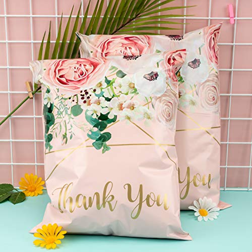 RUSPEPA Poly Mailers Shipping Bags Thank You Notes Flowers Surrounded 3 Mil Heavy Duty Self Seal Mailing Envelopes - Pink, 12 x 15.5 inches, 50 Pack