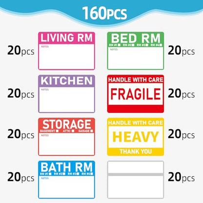 Home Moving Labels- 3 x 2 inches, Removable Packing Box Stickers, 8 Designs Waterproof Color Coded Moving Stickers with Fragile and Blank Labels- 160PCS - color: Vibrant, size: 320 pcs