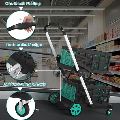 Collapsible Shopping Cart, Foldable Shopping Cart with 2 Storage Crates, 350 LBS Capacity 2-Tier Multi Use Heavy Duty Adjustable Grocery Carts for Supermarket, Office and Outdoor