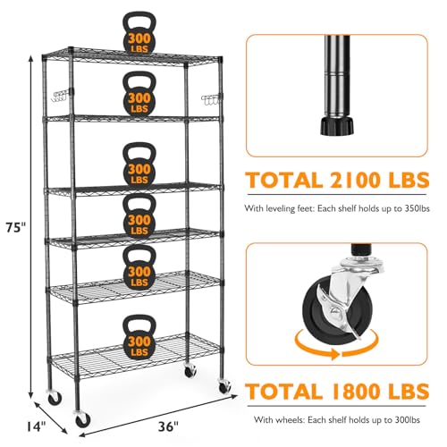 BolDuck 6 Tier Storage Shelves with Wheels, 2100lbs Capacity Heavy Duty Shelving Units, 14x36x75inch Adjustable Metal Shelf Wire Shelving Rack for Garage, Kitchen, Office, Black - size: 6 Tier Shelf