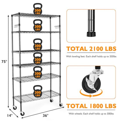 BolDuck 6 Tier Storage Shelves with Wheels, 2100lbs Capacity Heavy Duty Shelving Units, 14x36x75inch Adjustable Metal Shelf Wire Shelving Rack for Garage, Kitchen, Office, Black - size: 6 Tier Shelf