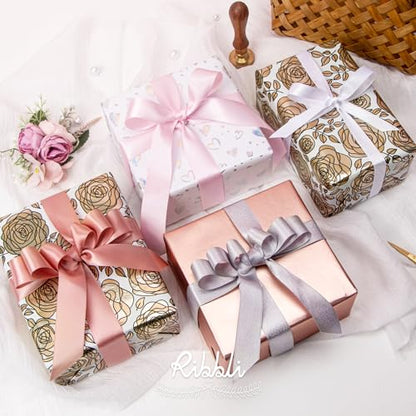 Ribbli Rose Gold Mother’s Day Wrapping Paper Mini Roll, 3 Rolls Happy Birthday Floral Heart Gift Wrap for Women Girl Friend Wedding - 17 inch x 120 inch(10feet) Per Roll - color: Rose Gold