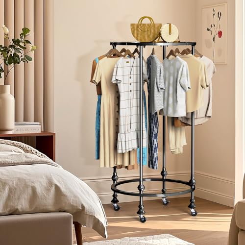 Rolling Round Garment Rack, Gold Clothing Rack with Wheels and Topper - color: Black