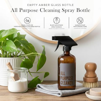 SAVVY & SORTED Amber Glass Spray Bottles for Cleaning, Refillable Amber Spray Bottle with Label, Glass Cleaning Bottles with Adjustable Nozzle, 17 Fl Oz / 500 ml