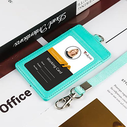 Teskyer Leather ID Badge Holder with Lanyard, Vertical Cyan - color: Green, size: Vertical