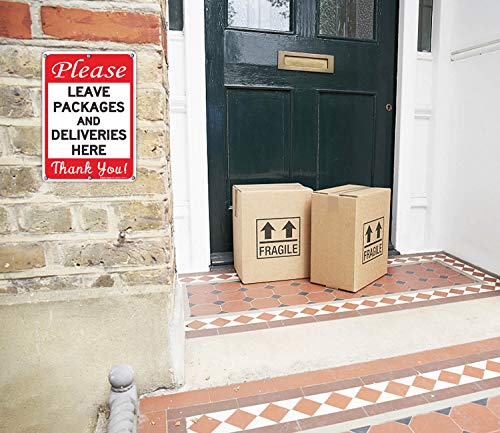 Please Leave Packages and Deliveries Here Sign 2 Pack, 10 x 7 Inches .40 Rust Free Aluminum, UV Protected, Weather Resistant, Waterproof, Durable Ink, Easy to Mount - color: Red Black on white - 10 x 7 inch Aluminum - 2 Pack