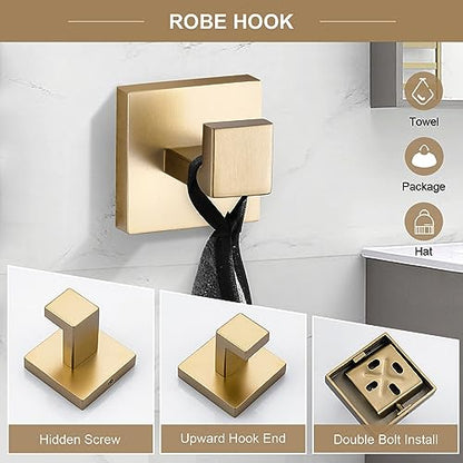 TQKAG 6-Piece Bathroom Towel Bar Sets Brushed Gold 23.6 inch Towel Bar Stainless Steel Towel Ring Coat Hook and Toilet Paper Holder Bathroom Hardware Set Wall Mounted Bathroom Accessories Kit - color: Brushed Dark Gold, size: 6-Pieces Set-A