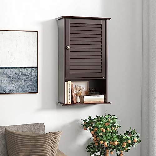 COSTWAY Bathroom Wall Cabinet, Large Capacity Storage Cabinet (Brown) - color: Brown