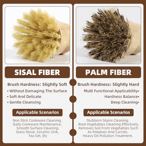 SAMEBUTECO 4 Packs Bamboo Dish Brush Set with 2 Metal Dry Holder