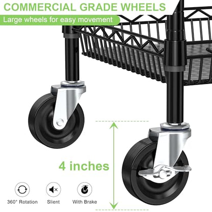 1050Lbs Heavy Duty 3 Tier Rolling Utility Metal Storage Cart with Wheels - color: Black（18d X 36w X 32h, 1050lb）
