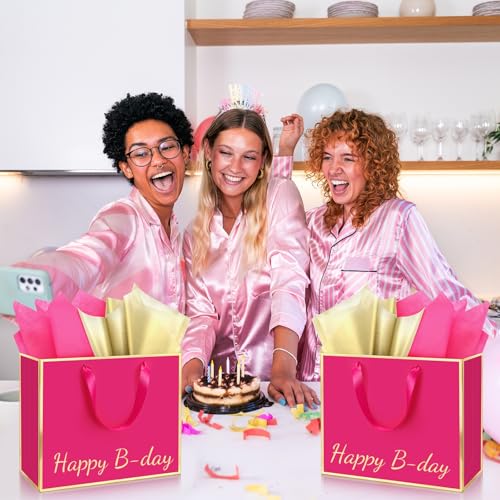 ReliThick 12 Pack Paper Gift Bag with Handles & Tissue, Hot Pink, Gold - color: Hot Pink, Gold