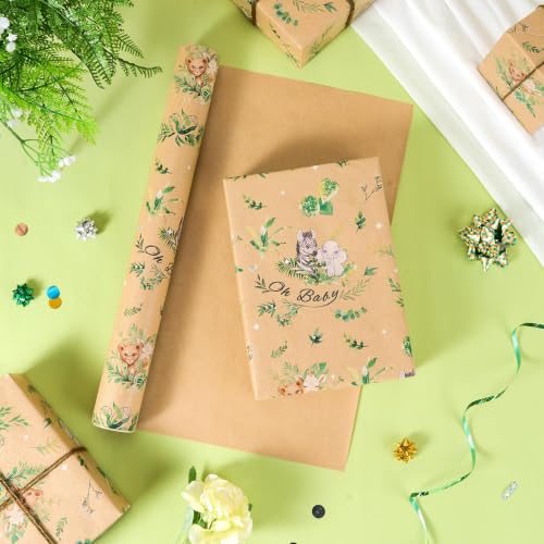 WERNNSAI Woodland Animal Kraft Wrapping Paper, 33 ft Baby Shower Wrap - color: Baby Animal-Grassland