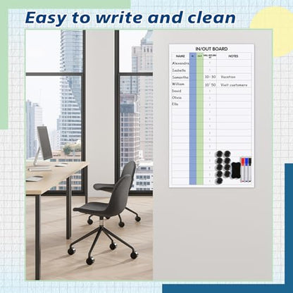 Lincia in and Out Dry Erase Board 15 x 26 in/Out Board for Office Employee 18 Name Adhesive Frameless in/Out Planner with 3 Dry Erase Markers Eraser 20 Magnets for Office Staff Schedule Tracker