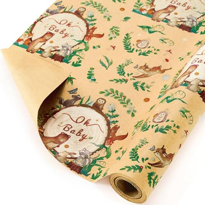 WERNNSAI Baby Shower Wrapping Paper Roll - 33 ft Baby Kraft Gift Wrap - color: Baby Animal-Forest