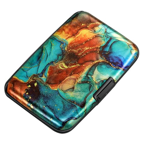 ELFISH Mini RFID Aluminum Wallet Credit Cards Holder Business Card Case Metal ID Case for Men Women（Blue Brown Marble - color: Blue Brown Marble