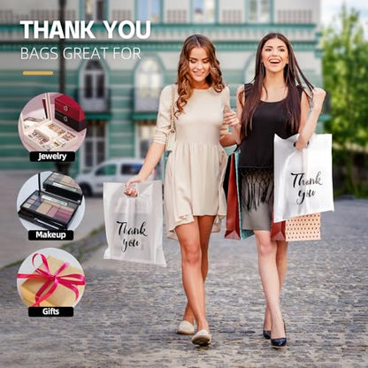 White Thank You Bags with Handles 100 Pack, 12 x 15 Inch 4.73 Mils Extra Thick Shopping Bags, Merchandise Retail Bags for Small Business Bulk (White)
